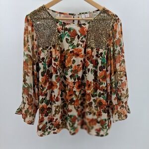 Cato Dark Floral Sequin Blouse Womens 18/20WP Long Sleeve Sheer Boho Peasant‎